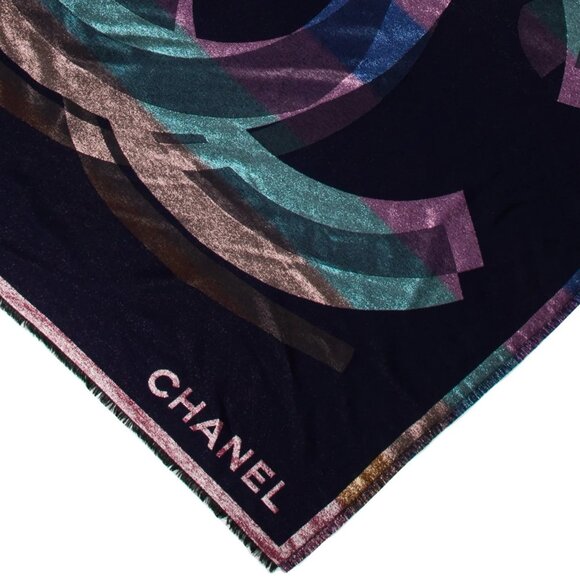 CHANEL CC Logo LARGE Cashmere Silk Metallic Shawl - Picture 4 of 14